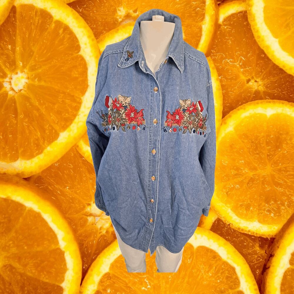 Bobbie Brooks Denim Embroidered Floral Button Up Shirt Size Medium